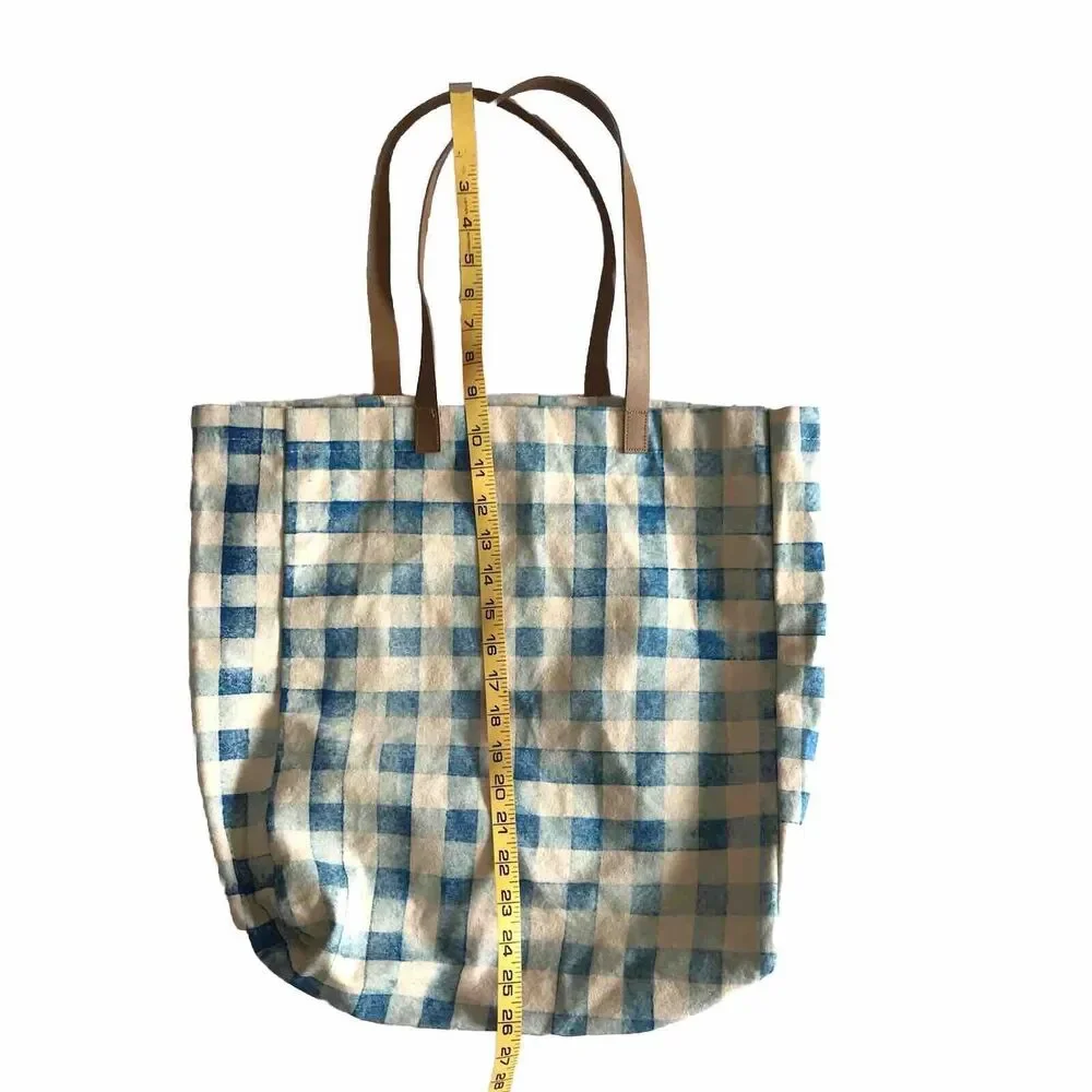 Utility Shoulder Tote Bag Blue & Ivory White Gingham Check Plaid Fabric Canvas